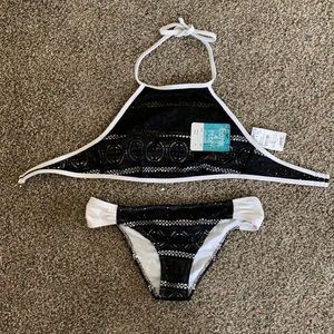 Girls black & white high neck halter bikini